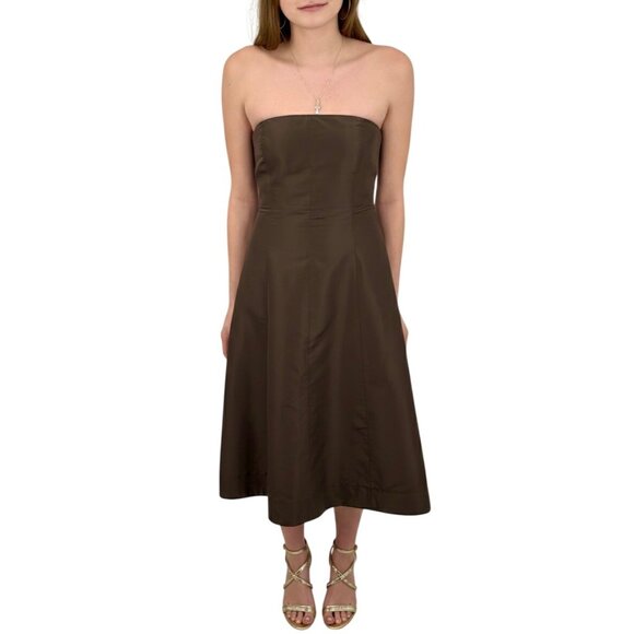 VTG 90s J.Crew Brown Silk Strapless Midi Dress | Elegant Tulle Lined A-Line Gown - Picture 15 of 16